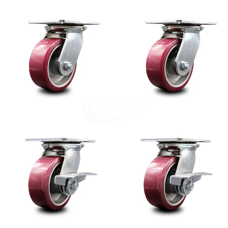 Service Caster 5 Inch Poly on Aluminum Swivel Caster Set with Ball Bearings 2 Brakes SCC SCC-35S520-PAB-2-SLB-2